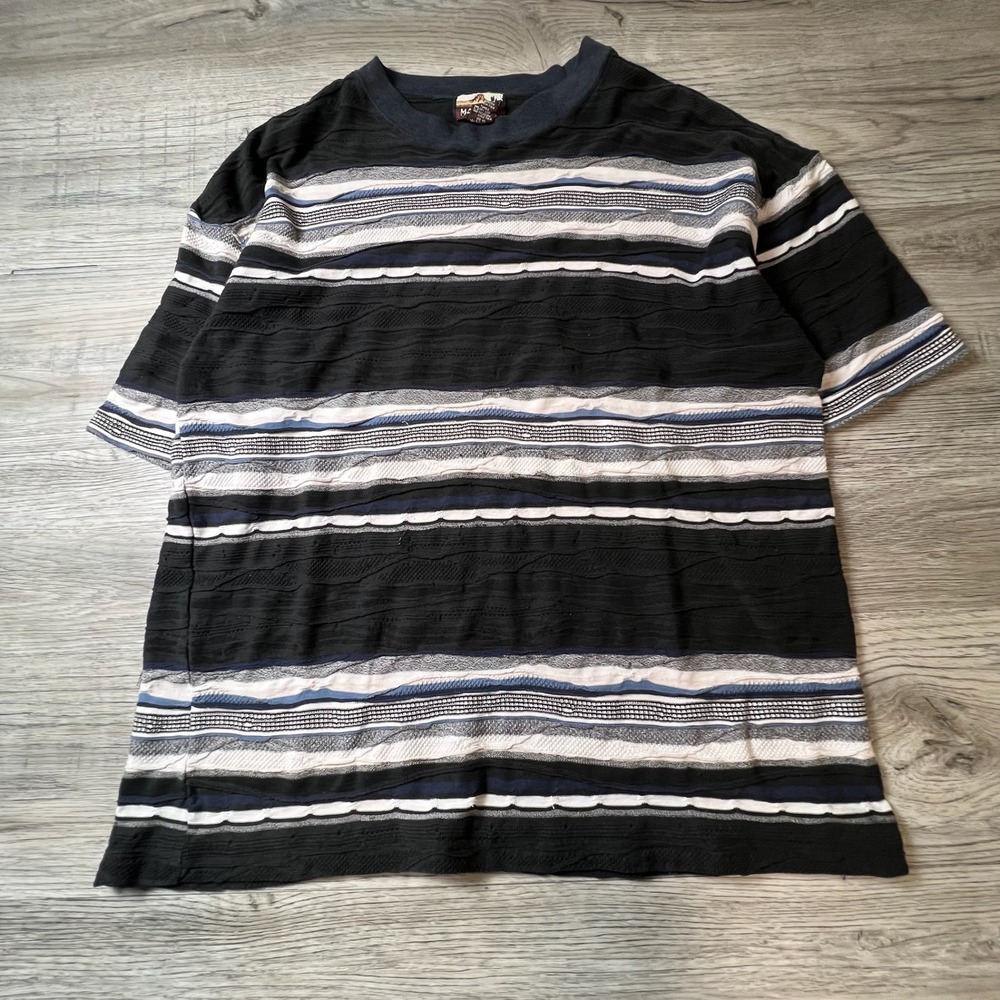 Marquis Knit T-Shirt Mens XL Black Blue 3D Textured Striped Coogi Style Vintage